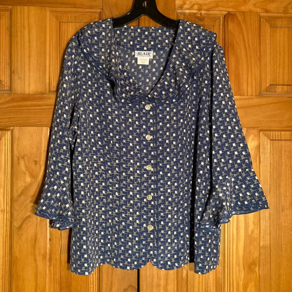 NWOT Blair Vintage 90s Ruffle Blouse 3/4 Sleeve Top Blue Women's Size L Large